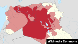 Районы Ирака и Сирии, контролируемые группировкой ИГИЛ (красный цвет), и заявленные как территория халифата (розовый).