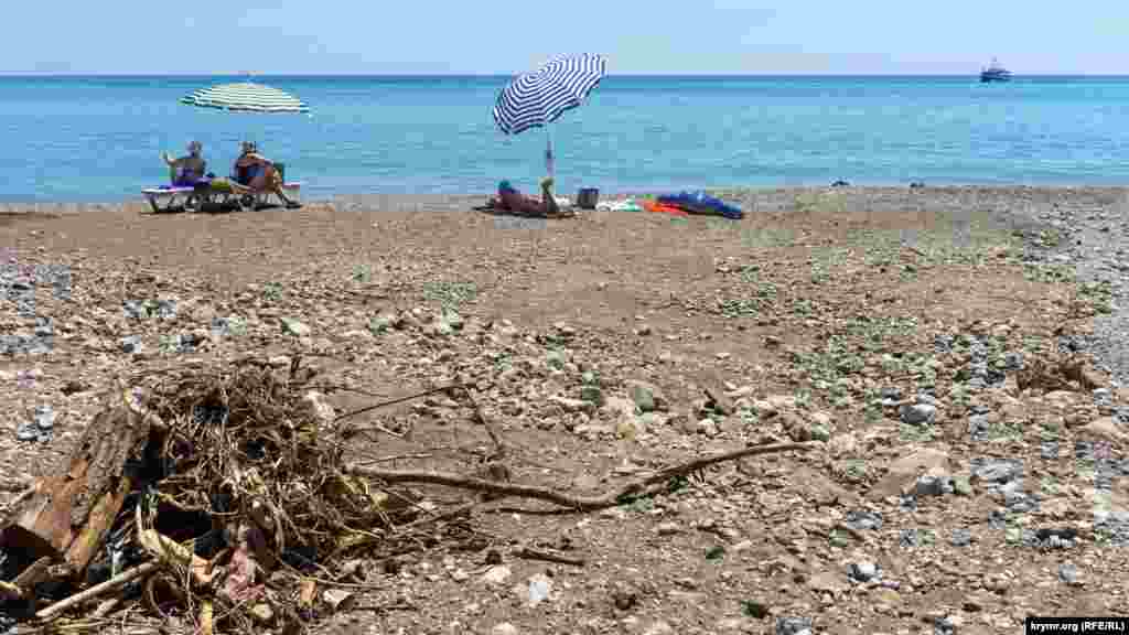 Пляжники біля брудної води начебто тільки засмагають